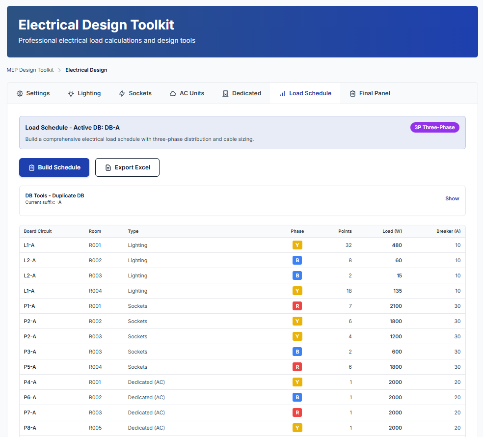 Web MEP Toolkit - Electrical calculations interface showing lighting and socket calculations