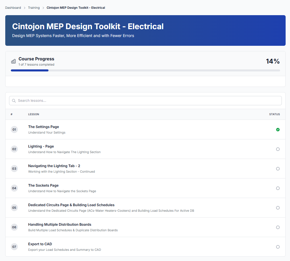 MEP Training Platform - Course dashboard showing available courses